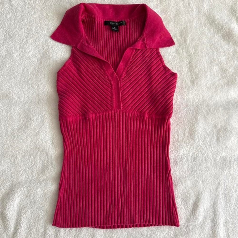y2k hot pink ribbed sleeveless top with collar